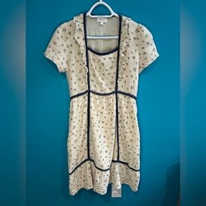 Cottagecore Feminine Soft Floaty Floral Cream Dress with Navy Accents